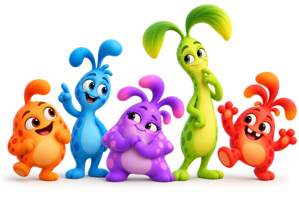Zig, Boo, Lumi, Tiko and Nino — the five original Flurmios