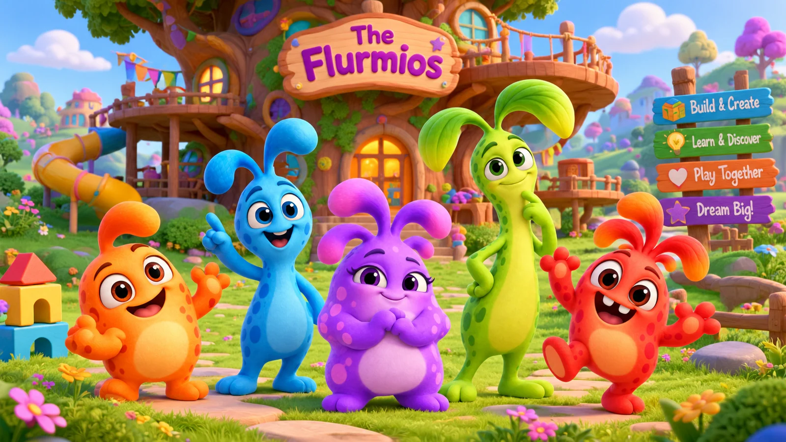 The five Flurmios in their colorful treehouse world